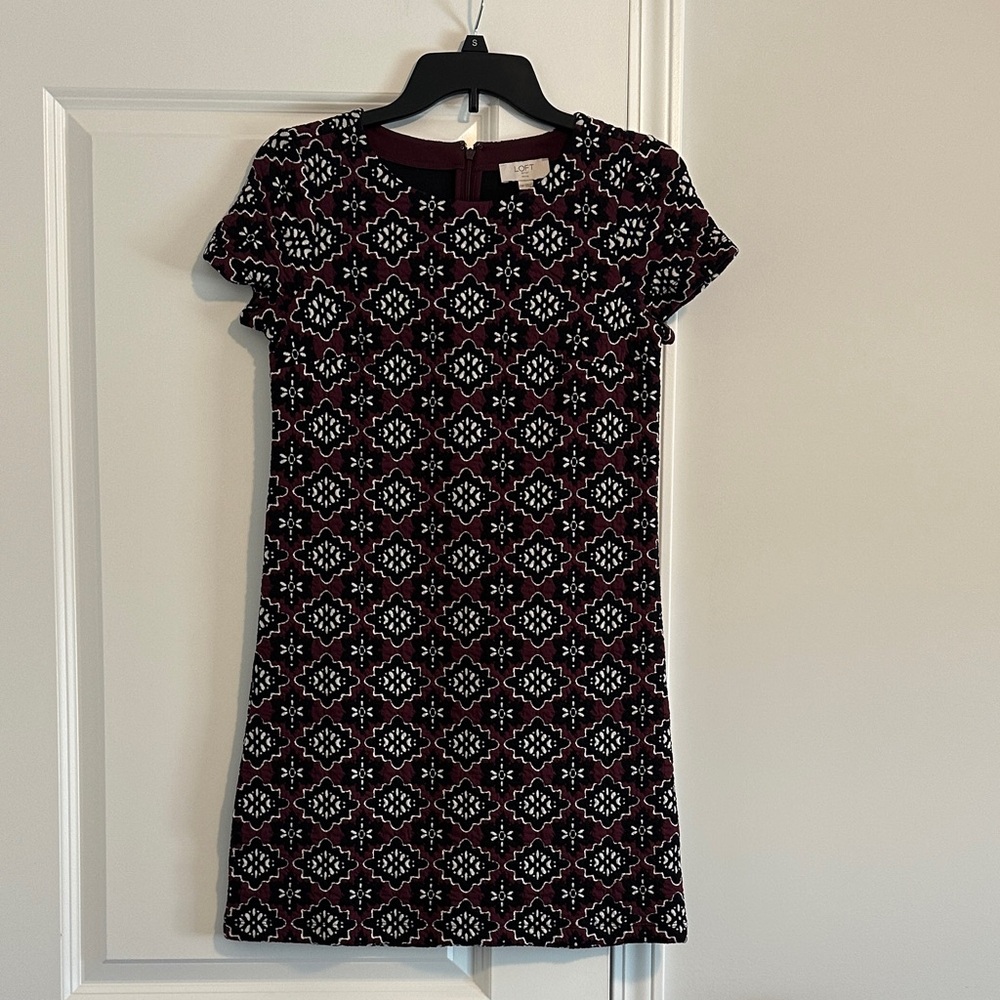 LOFT Maroon and Black Geometric Mini Dress